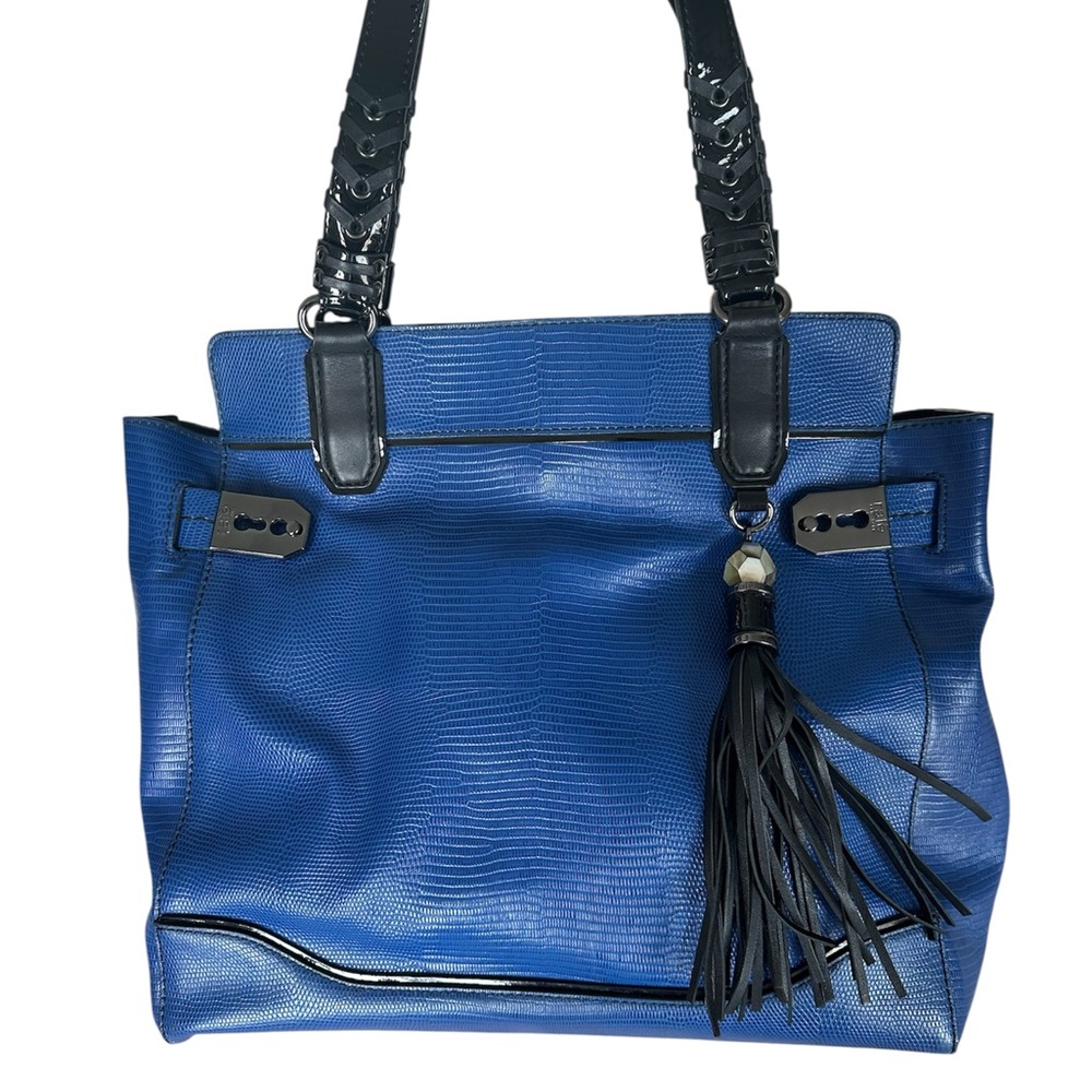 Elegant Blue Tote Bag with Black Accents
